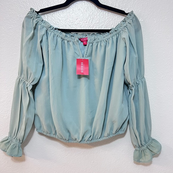 Guess Tops - NWT Guess LS Hale Off Shoulder Top Mineral Gray Long sleeve Sheer